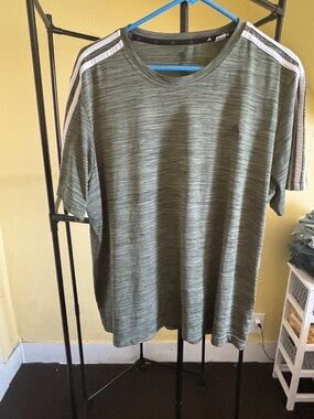 adidas Olive Green Short-Sleeve Athletic Tee with White Shoulder Stripes
